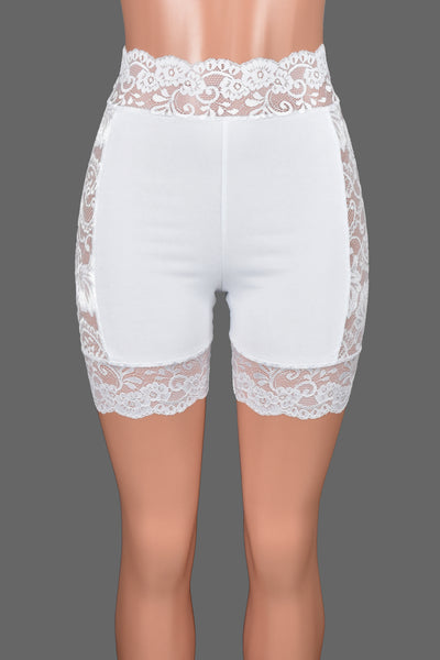 High-Waisted Lace Side White Stretch Lace Shorts (5" inseam)
